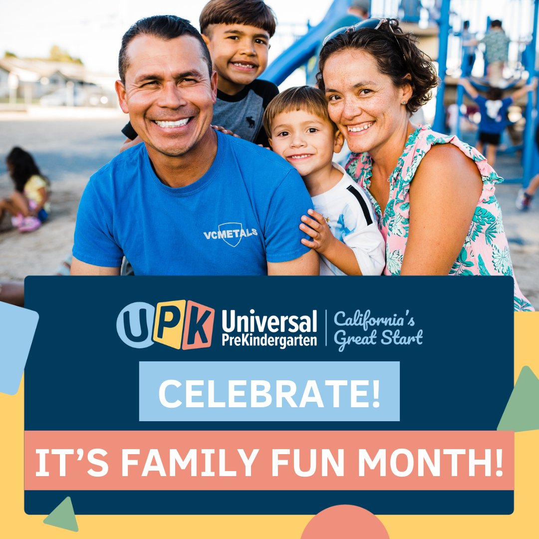 CAUniversalPreK's tweet image. 🎉🎈It&apos;s Family Fun Month! 🎈🎉 Universal PreKindergerten (#UPK) thinks it&apos;s the perfect time to celebrate being with your loved ones! Whether it&apos;s a backyard barbecue, a family movie night, or a fun day at the park, make every moment count! Happy #FamilyFunMonth! 🌟