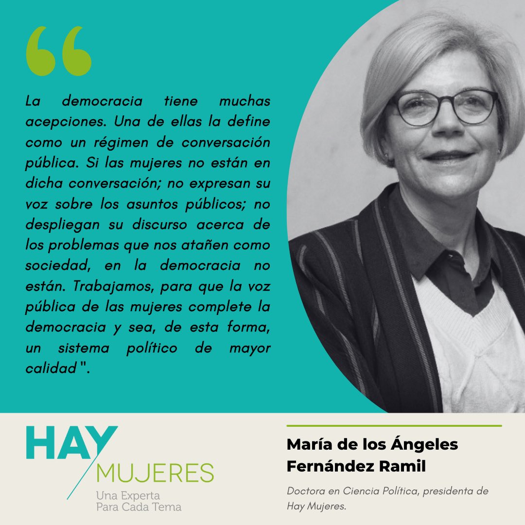 CONÓCENOS | <a href="/Mangeles_HM/">María de los Angeles Fernández Ramil</a>, presidenta de #HayMujeres, y su visión sobre #democracia y #participaciónfemenina. 😊

#DemocraciaYGénero #LiderazgoFemenino #MujeresYVozPública #PolíticaYGénero