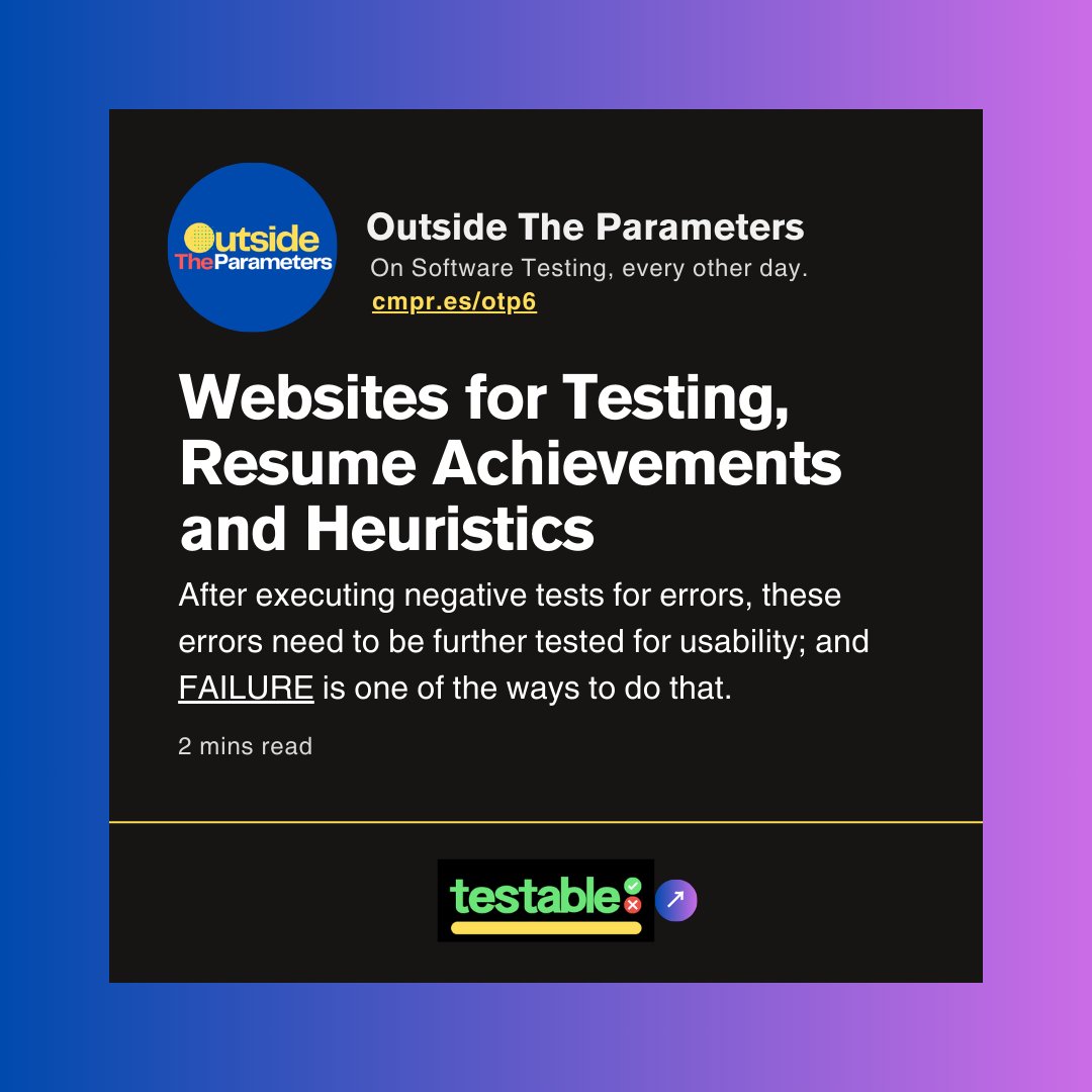 testablehq's tweet image. Friday's email was Issue #6, you can find it here cmpr.es/otp6.  
It featured heuristics, sample achievements to put on your resume and more.  
Click on SUBSCRIBE at lu.ma/testablecal to get issues in your inbox.