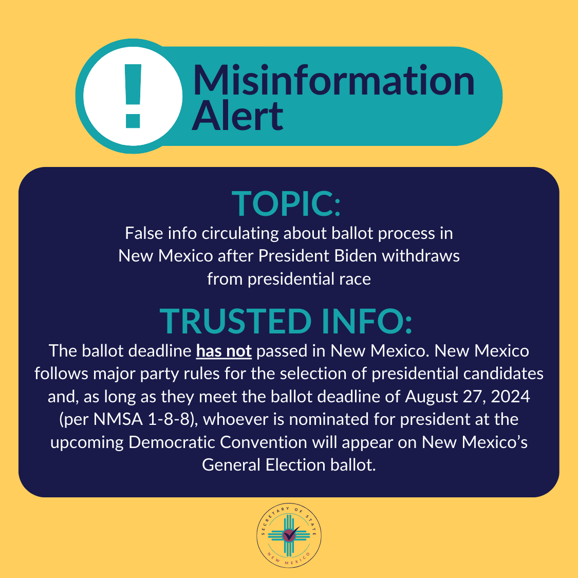 Following President Biden’s announcement, misinfo began circulating that mischaracterized the process for how the Democratic nominee will appear on the November ballot. Always verify information about voting &amp; elections before repeating or reposting it. #TrustedInfo2024