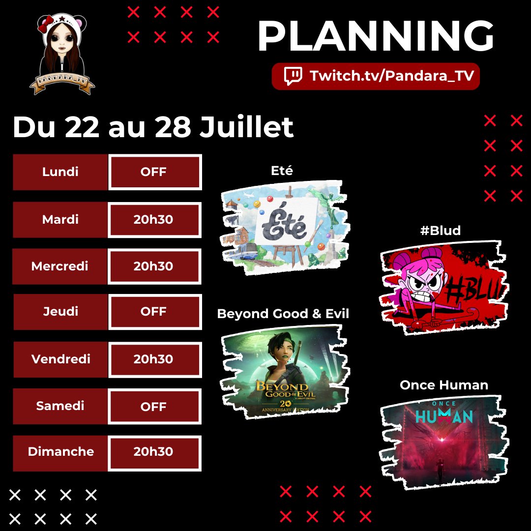 Pandara_Dark's tweet photo. Coucou ici!

🗓️ Planning de la semaine :

🌞 Mardi: Découverte de #Eté
🧛‍♂️ Mercredi: #Blud
🤿 Vendredi: #BeyondGoodEvil
💜 Dimanche: #OnceHuman 
#indiegame #TwitchStreamers #twitchfr https://t.co/CHVGqZIhAy