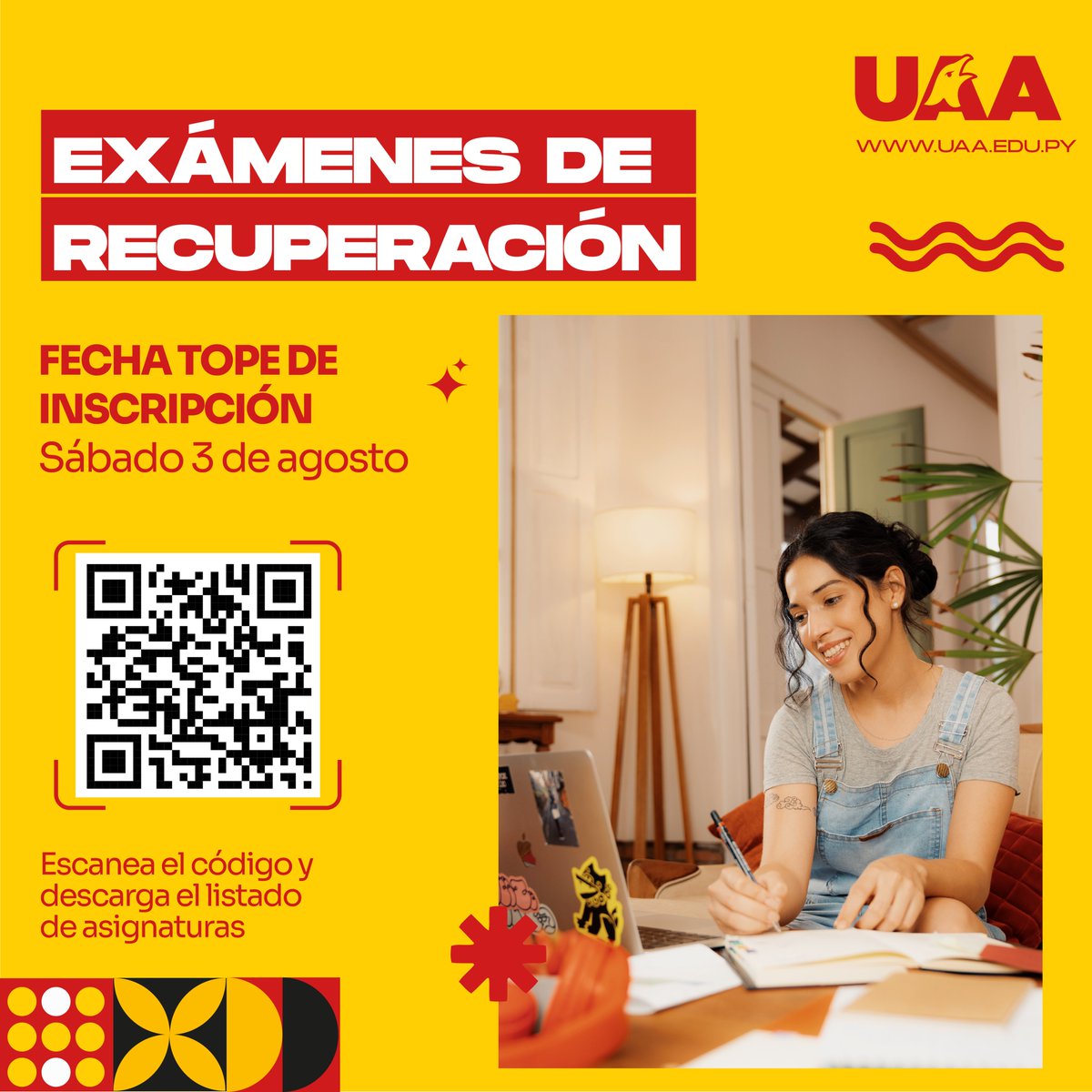 uaapy's tweet image. ¿Necesitas recuperar alguna materia? ¡Las inscripciones para los exámenes de recuperación ya están abiertas!

📅 Descarga el listado de materias: acortar.link/JiqWyy
📅 Fecha tope de inscripción: 3 de agosto.
.
#OrgulloUAA #UaaPy #Recuperación #Exámenes #Educación