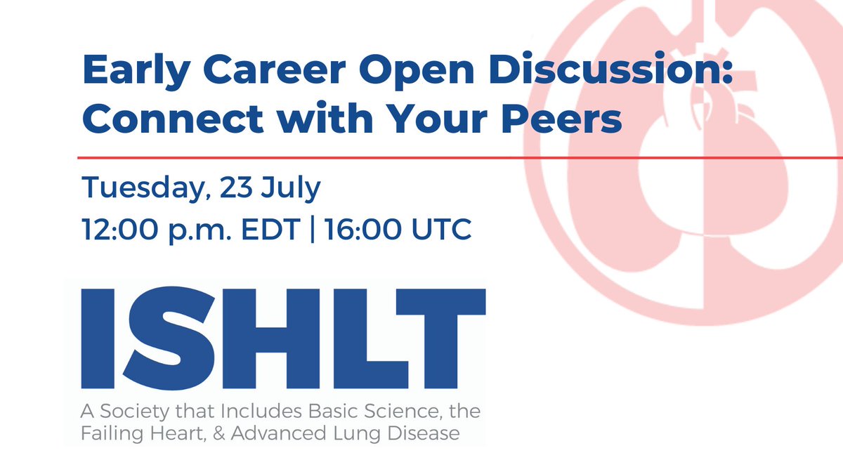 📢 Calling all early professionals and trainees: Join today's #ISHLTEarlyCareer Open Discussion! 💡

Connect with your peers and get more involved with the Society. Register now at 🔗 bit.ly/3VZ3eqY

📅 TODAY at 12:00 p.m. EDT/16:00 UTC
💸 Free + open to all!