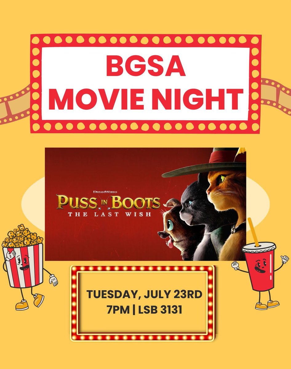 wvu_bgsa's tweet photo. Join us tomorrow at 7pm in LSB 3131 for our summer movie night featuring Puss in Boots: The Last Wish! https://t.co/A0DgYpgFAT