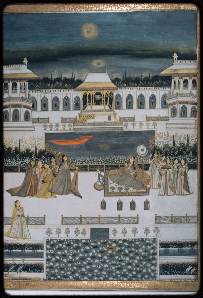 iconographile's tweet photo. The Moon and its three reflections is a physical impossibility from an artist's single point of view, but in art you can show (and enjoy) as many points of view as you like. #stuartcarywelch Princess and companions on a moonlit terrace, ca. 1760, India. https://t.co/SXEz3wQKbd