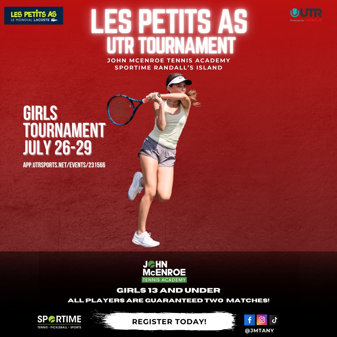 Les Petits As is the world’s most prestigious junior tournament and it’s coming to Randall’s Island from July 26-29! 🎾🌟

Registration closes tomorrow so don’t miss out!

Click on the link in our bio or visit app.utrsports.net/events/231566 to register now!

#LesPetitsAs #JMTA #Sportime