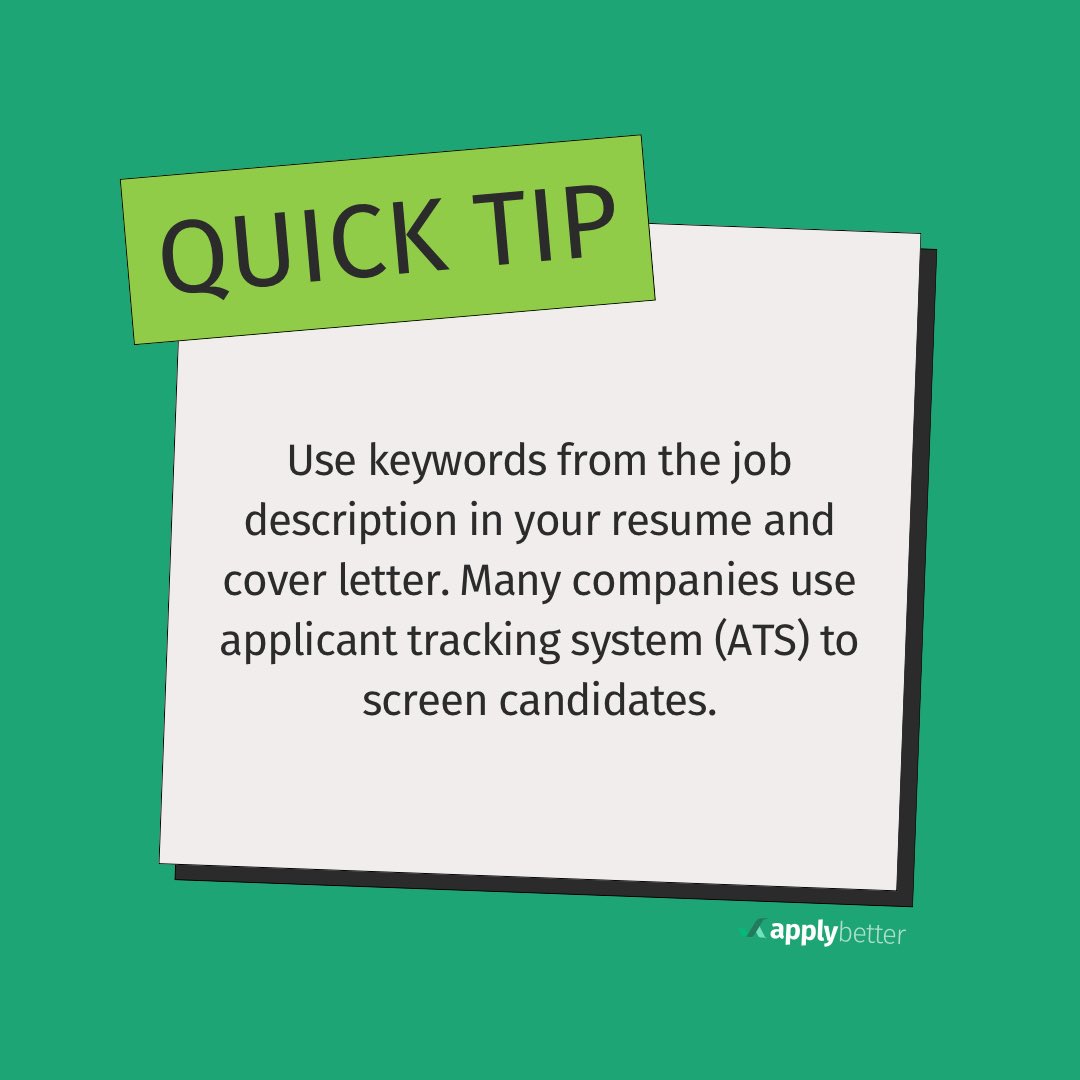 tryapplybetter's tweet image. Pro tip!

Keywords can help you get through the initial screening. ATS loves that! 

Now go forth and nail that application 😎

#resumetips #applyingtips #applybetter #jobsearch