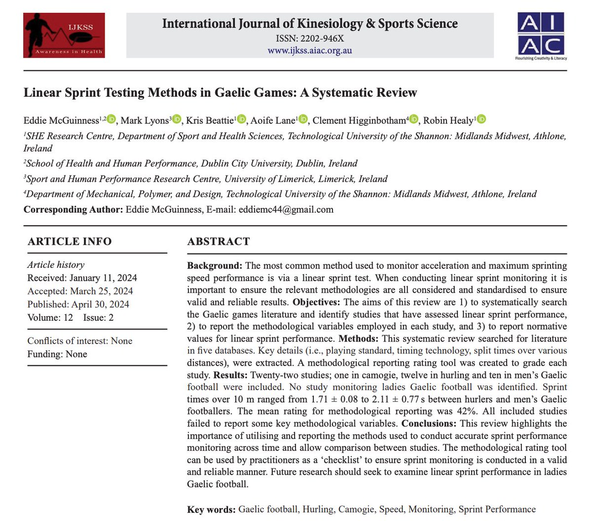 I am pleased to share the second publication of my PhD 📚

“Linear Sprint Testing Methods in Gaelic Games: A Systematic Review”

The paper is #OpenAccess &amp; can be read here: bit.ly/LinearSprintTe…

A brief summary of the findings are outlined below 🧵⬇️
