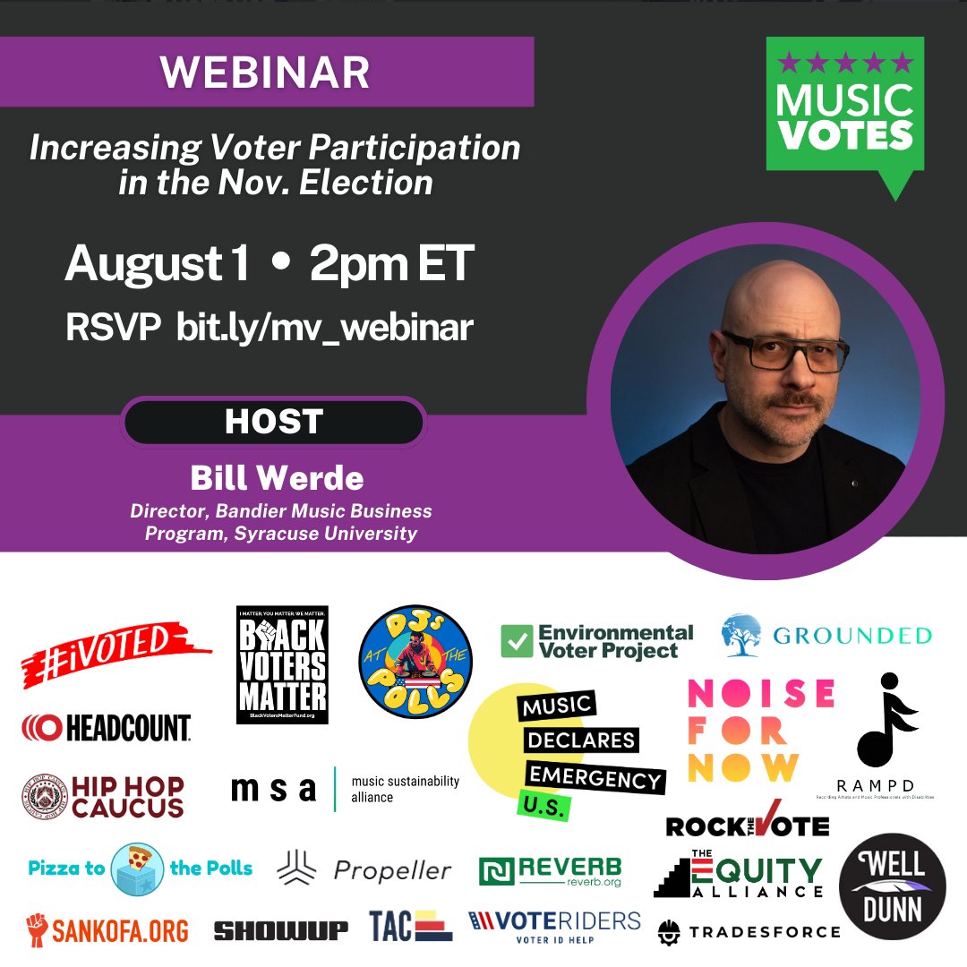 🎶📣So excited to announce the #MusicVotes Webinar! #MusicVotes is a coalition of #musicindustry organizations, #artists &amp; leaders united to boost #voterparticipation. Learn about our non-partisan 3-step+ strategy &amp; hear from coalition members.

Register @ bit.ly/mv_webinar
