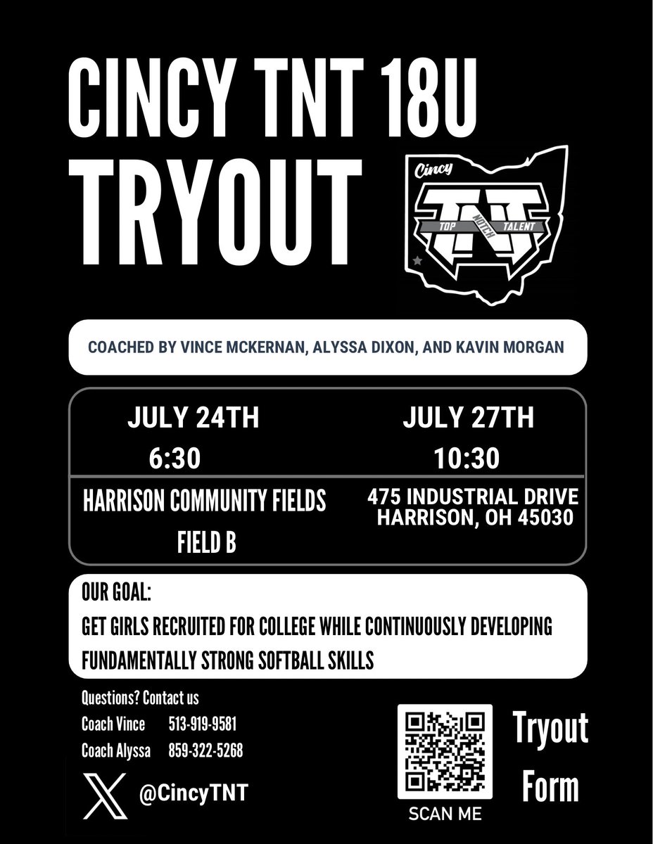 CincyTNT's tweet photo. 🥎🥎🥎🥎
Tryouts are coming up in just a couple days! Our team will be playing a showcase schedule with a focus on fundamentally sound softball and getting you recruited. 
Can’t make it to our try out dates? Message us for a private tryout. 
🥎🥎🥎🥎 https://t.co/ExmnrM1IGS