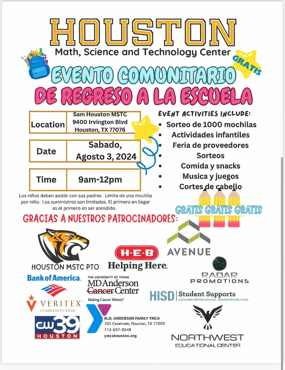 SHMSTC's tweet photo. Back to School Bash! Tons of giveaways, activities for kids, haircuts, food, and games! https://t.co/VDWEcV7sox