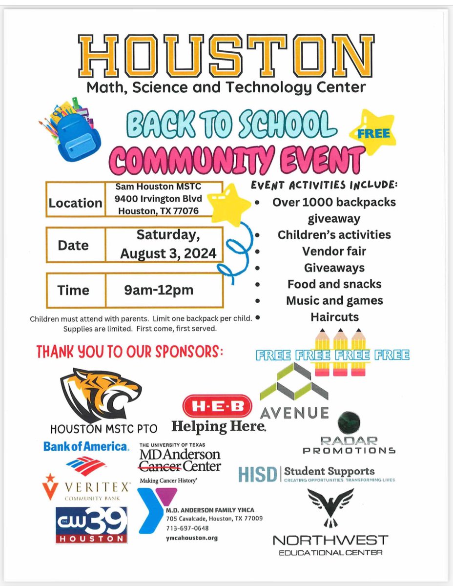 SHMSTC's tweet photo. Back to School Bash! Tons of giveaways, activities for kids, haircuts, food, and games! https://t.co/VDWEcV7sox