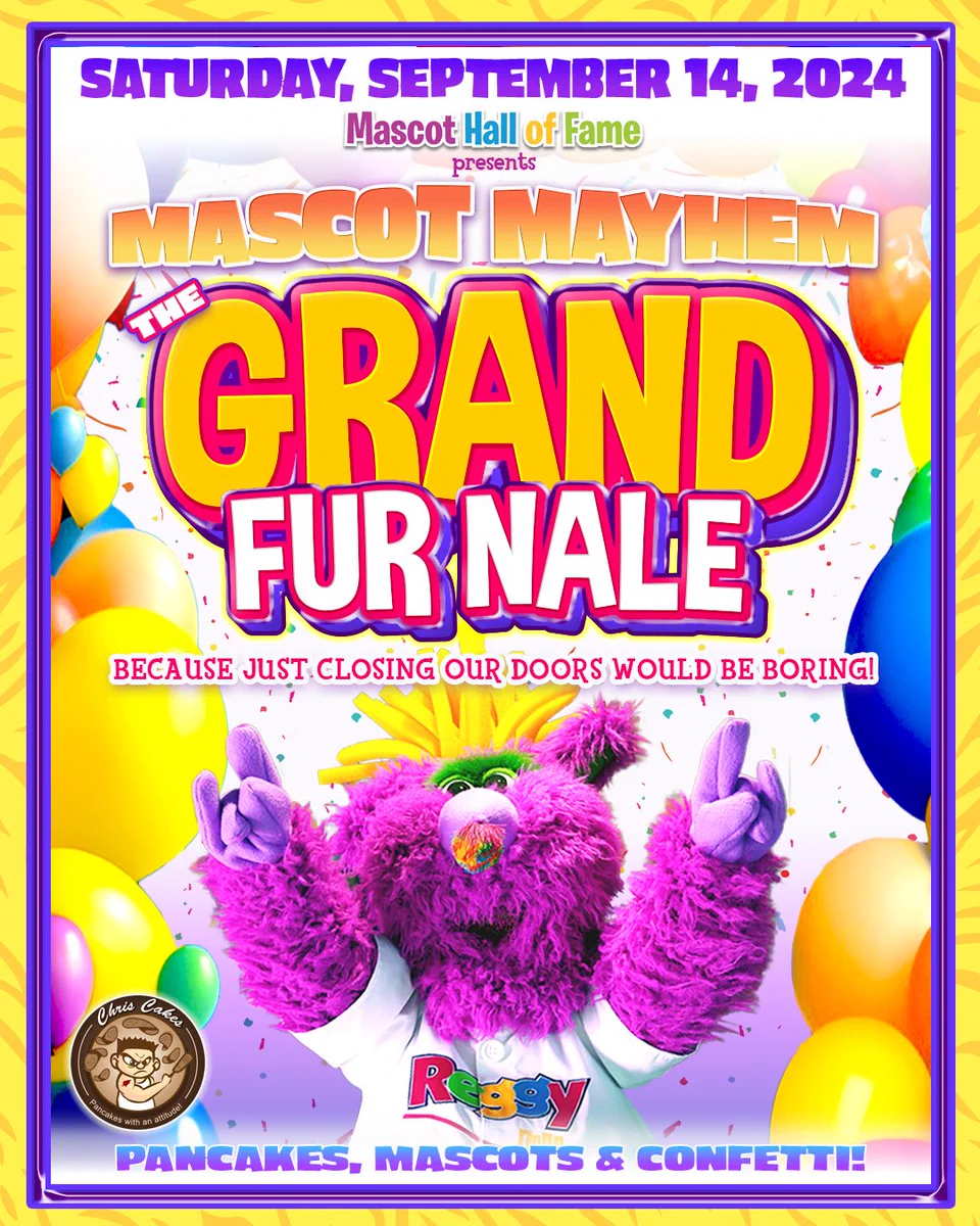 Mascot Fans:
It is with sadness in our hearts that we must announce that the Mascot Hall of Fame will be closing in Whiting for good on September 14th.
We have made quite a family in the 5+ years since we opened our doors. We have had the pleasure of sharing in hundreds of your special days and birthdays. We've had thousands and thousands of students visit for field trips. We've been able to fill gaps in the community with free and reduced programs, food banks, blood drives, backpack giveaways, sensory days, reading programs, and so much more. It has been an honor. 
And the mascots! How lucky are we to have worked with the mascot community - such talent and kindness! It is magic when a mascot visits the MHOF. We will certainly miss the confetti!
The Hall will go on! Until a new location is secured, the MHOF will continue online as it has always been. 
Let's not be sad, let's celebrate our years at the MHOF! Because just closing our doors would be boring....so, come to the MHOF on Septe