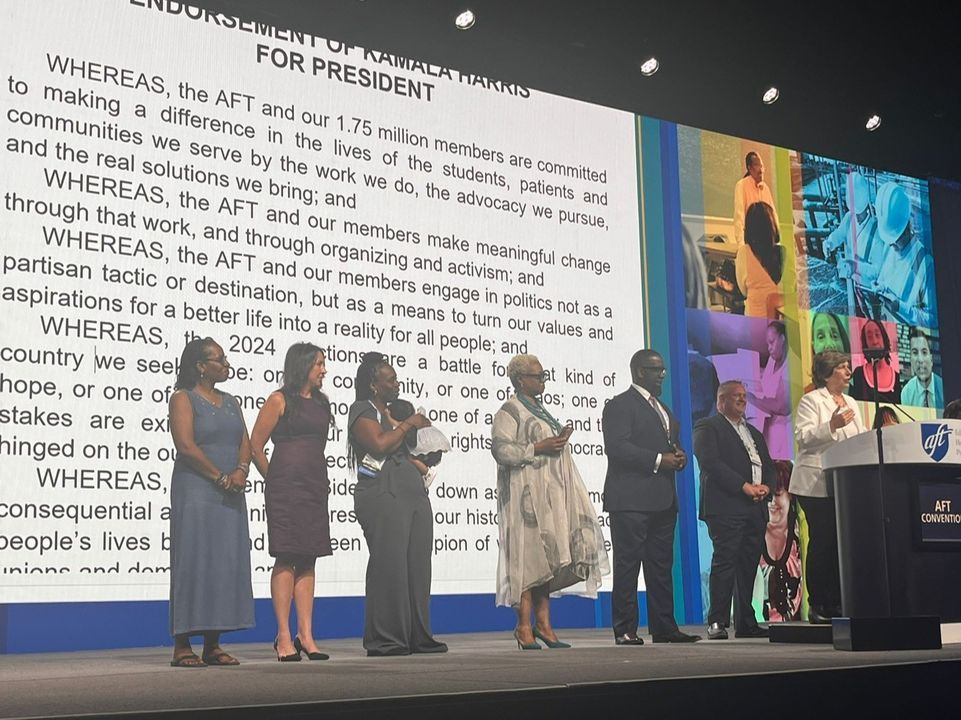 What a historic moment! Delegates at the annual @aftunion convention, held this year in Houston, TX, just voted — with an overwhelming majority — to endorse VP Kamala Harris for president. We are so ready for this fight.