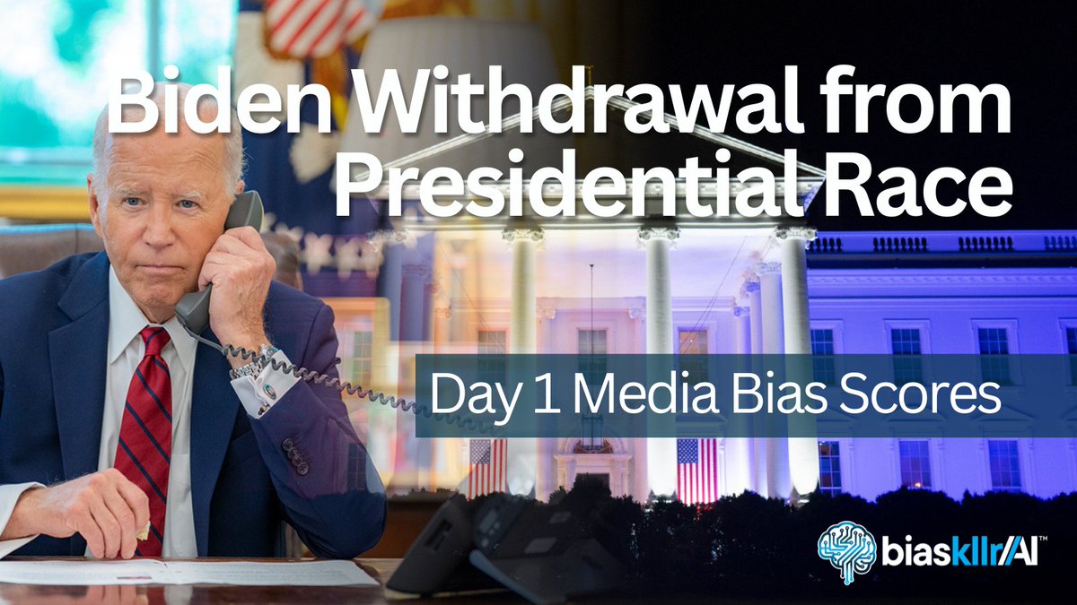 biaskllrAI's tweet photo. It's no secret that @JoeBiden withdrew his candidacy for the 2024 Election. We used A.I. to analyze coverage by 14 major publications for bias. Results... could have been better. 

Read More: https://t.co/b83xSJDhVX

#JoeBiden #Kamala #2024Elections #USPolitics  #PoliticalNews https://t.co/YjY8n77mRH