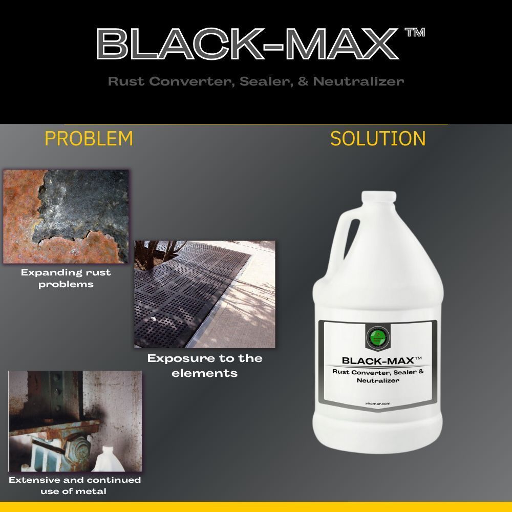 RhomarInd's tweet image. Fight rust with BLACK-MAX™—your rust issues meet their match! Convert, seal, and protect in one step. 🛠️ #RustControl #StrongProtection #RHOMAR