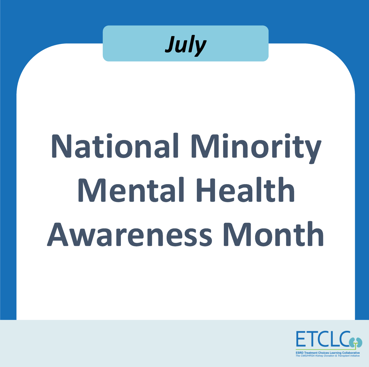 ETCLC1's tweet photo. #DYK? July is National #MinorityMentalHealth Awareness Month and mental health challenges can be even greater for those on dialysis and waiting for a transplant. 

See @ESRDNCC #MentalHealth resources here: https://t.co/4z1shG8scp

#SupportEachOther #BeKind #CreateJoy https://t.co/U12766enJR