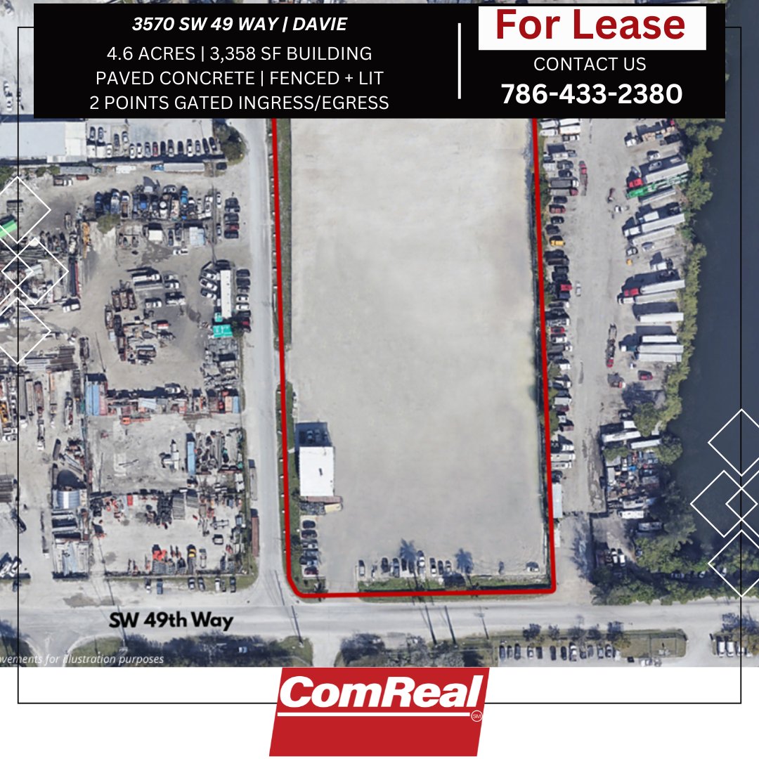EdisonCRE's tweet photo. The #IndustrialRealEstate Team is excited to highlight this #DavidFL #IOS Site #forlease. Location prime for convenient access to #MiamiDade + #Broward Counties.
A few features:
4.6 ac
3,358 SF Bldg
Paved, Fenced + Lit
2 points gated ingress/egress
https://t.co/iIayiehIoB
#RETwit https://t.co/gvP9XqcL4i