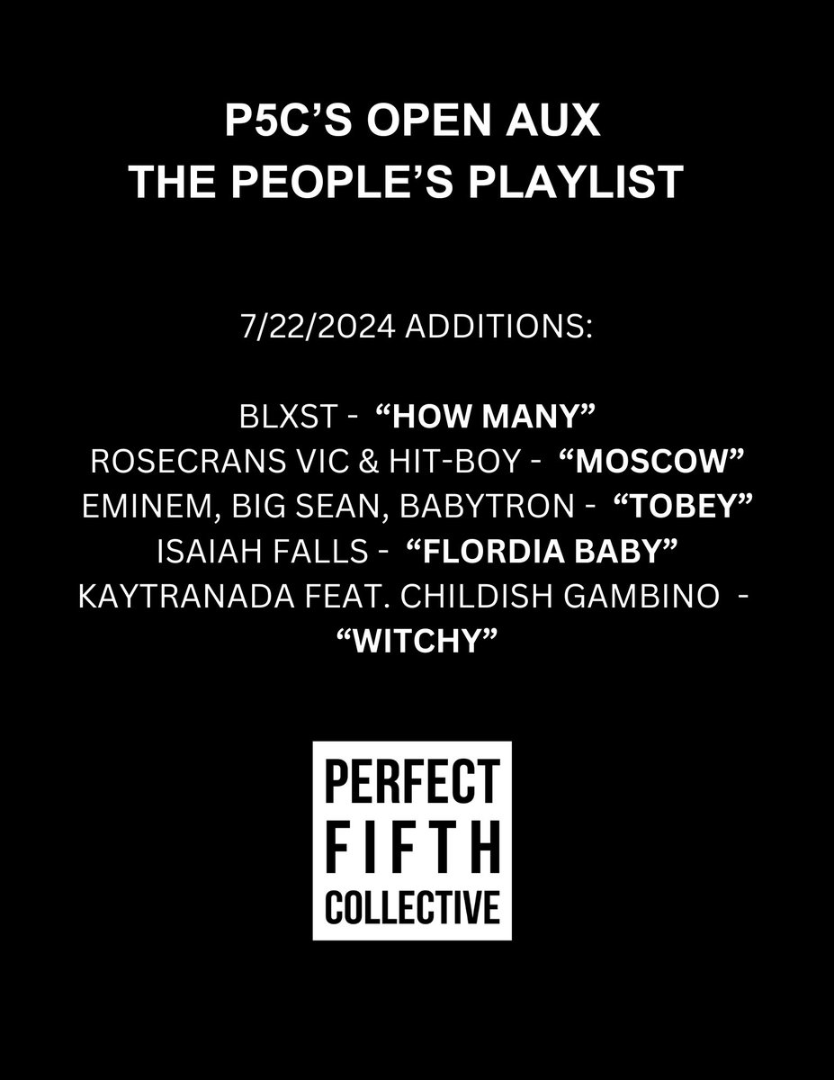 PerfectFifthCol's tweet photo. GM, good people! Our Open Aux playlist is updated with new song additions from the community. New slaps from @BLXST , 
@Hit_Boy &amp; @RosecransVic , @KAYTRANADA , @IsaiahFalls and more. 
Let's run up the people's playlist ⏯️🌊🏆 https://t.co/HVrpeGmuxv