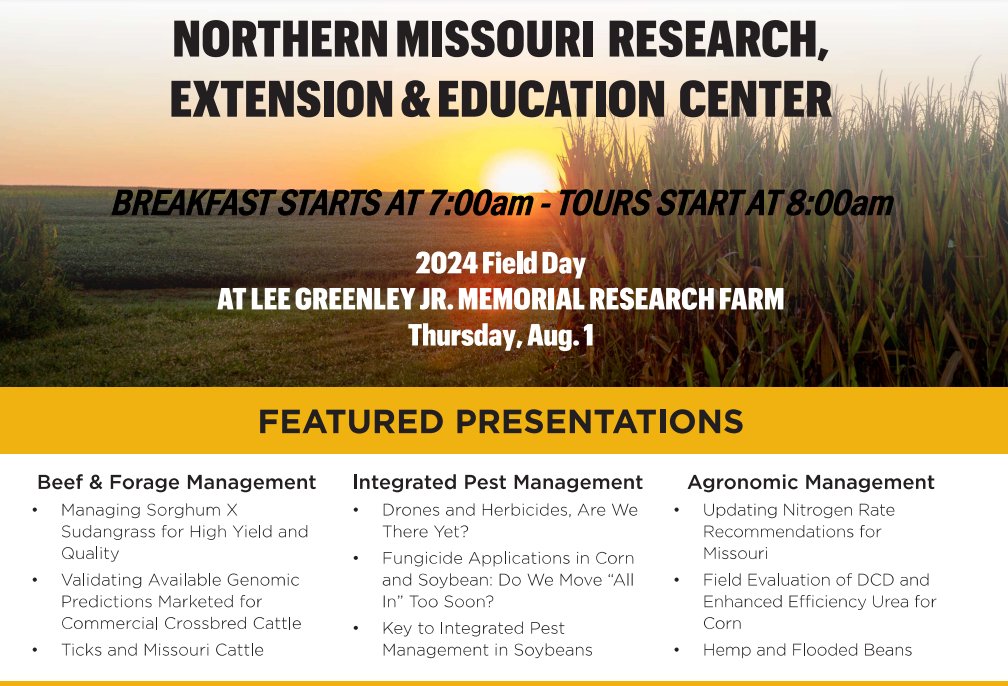 MU_NMREEC's tweet photo. Join us for the 2024 Northern Missouri REEC Field Day at the Lee Greenley Jr. Memorial Research Farm!  

🌱August 1 
🥓Breakfast at 7
📢Tours at 8
🍽️Lunch to follow https://t.co/KFJaj2CNmb