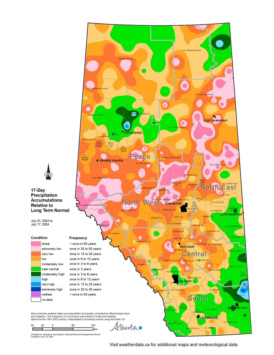 Current #Alberta moisture situation… Early rainfalls for crops meant off to quick and good establishment. However, the high heat and lack of rains in late June &amp; July are likely to result in crop conditions deteriorating quickly. #cdnag #weather #markets