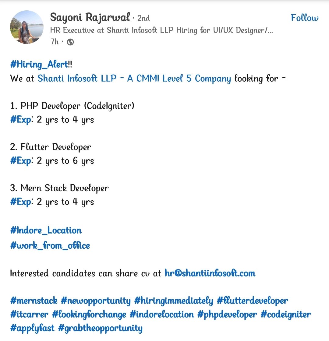 JobGenie_'s tweet photo. Roles :- 
PHP Developer (2-4 yrs)
Flutter Developer (2-6 yrs)
Mern Stack Developer (2-4 yrs)

Organization - Shanti Infotech LLP

Location - Indore 

Send your Resume - hr@shantiinfotech.com

Post link - https://t.co/FH6C9bBo6U

#PHP #Flutter #mern #webdev #appdev #javascript #js https://t.co/88DyX5Juxl