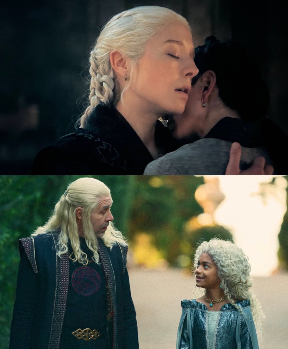 KingTargaryenn's tweet photo. Se besan Rhaenyra y Mysaria tras llevar como 3 episodios entablando amistad: 

“Es innecesario y forzado!”
“La serie se va a la mierda!”

Un Viserys de 40 años pasea con una Laena de tan solo 12 años y hablan de cuando consumar su matrimonio:

Nadie se queja😂

#HouseOfTheDragon https://t.co/0Upbp9fl5h