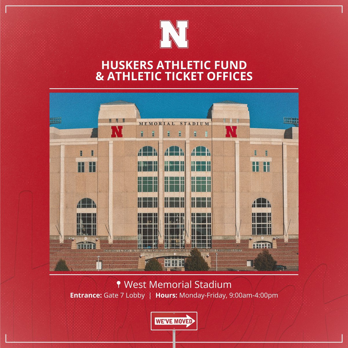 Huskers's tweet photo. 👋📍 Important Location Change:
🎟️🏟️ @HuskerTickets & @HuskersFund 

• The Huskers Athletic Fund and Athletic Ticket Offices previously located in the Stadium Drive Parking Garage have moved to West Stadium, in spaces previously occupied by Academics and Life Skills. The HAF and Ticket Offices completed the transition to West Stadium last week.

• Office hours for the HAF and Ticket Offices are Monday-Friday, 9:00am-4:00pm. Those wishing to visit the offices may do so by accessing the West Stadium Lobby at Gate 7.

• On football game days, the Ticket Office will operate through windows at the Gate 10A box office near the northwest corner of Memorial Stadium.