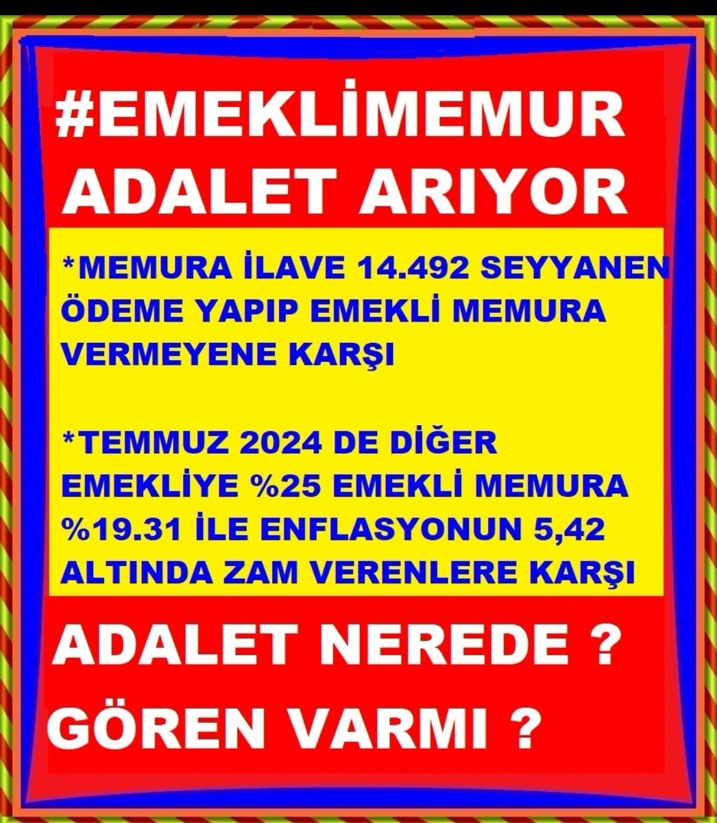 ❗Memur Emeklisi seyyanen zam hakkını almasın diye kanunsuz bir ek madde çıkararak 14492TL sine el koydunuz
❗Zulmünüz adaletsizliğiniz bitmedi
Şimdi de Memur Emeklisine  enflasyonun altında %19.31 zam veriyorsunuz
<a href="/akbasogluemin/">Av. M.Emin AKBAŞOĞLU 🇹🇷</a>
<a href="/omerrcelik/">Ömer Çelik</a>
<a href="/mustafaelitas/">Mustafa Elitaş</a>
#MemurEmeklisineAdalet
