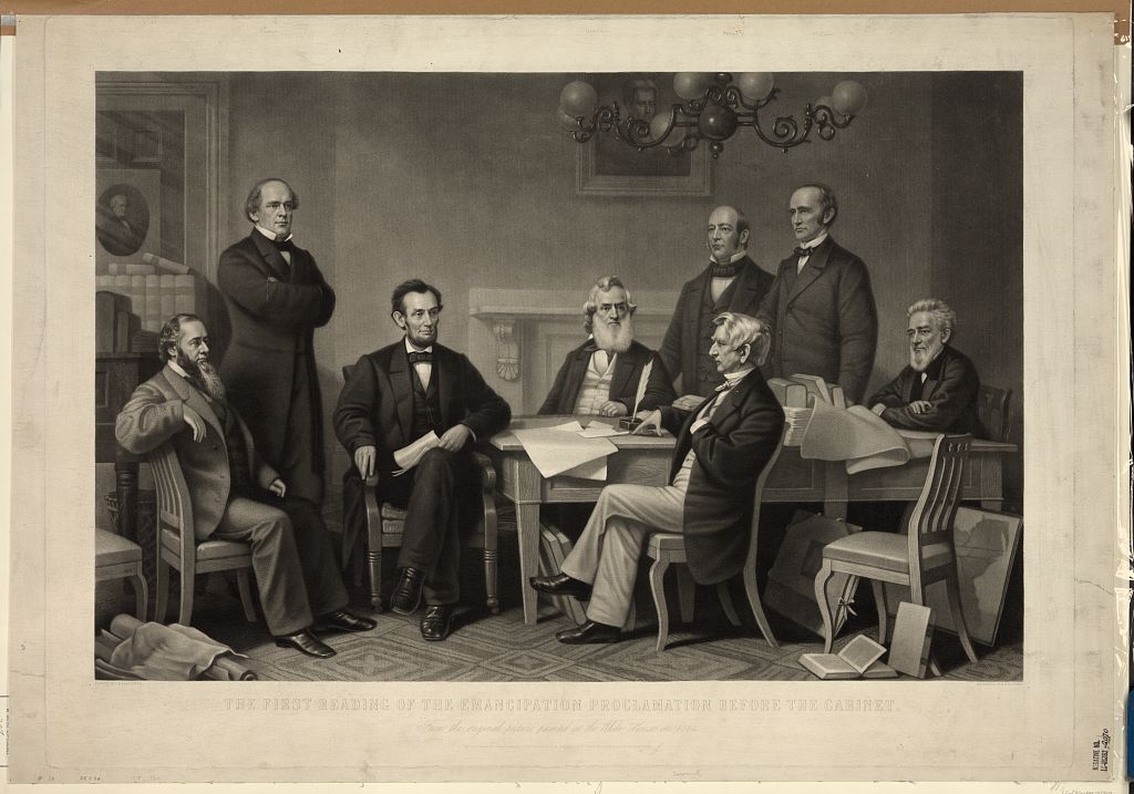 Mr_Lincoln's tweet photo. Today in 1862, Lincoln holds a cabinet meeting where he surprises the various secretaries by reading them the first draft of the Emancipation Proclamation. At the suggestion of Sec. of State Seward, he withholds announcing it until a battle victory by Union forces. https://t.co/If6cEZNUGm