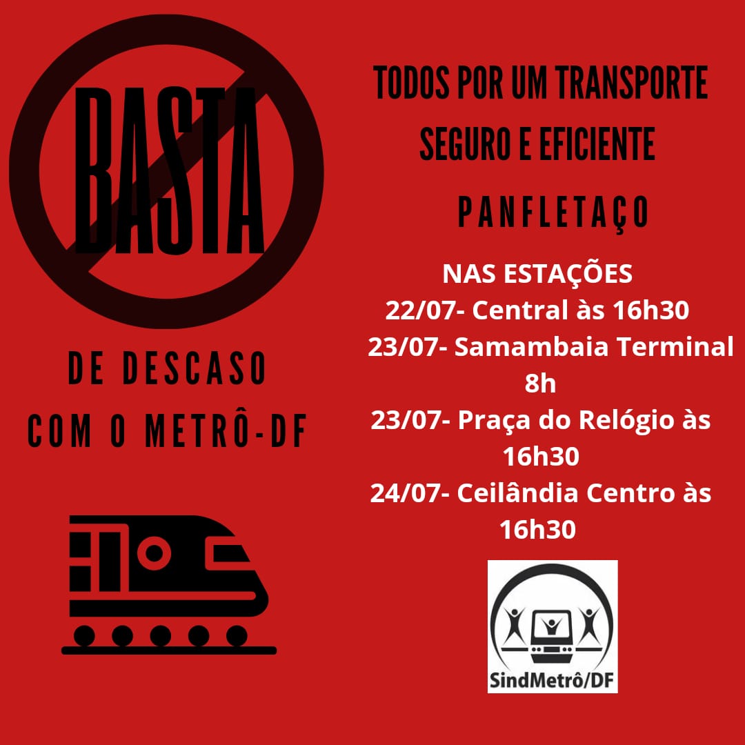 passelivre_dfe's tweet photo. [TODO APOIO!]

Vamos dar um BASTA!
Não podemos conviver com as políticas de abandono no METRÔ-DF, políticas essas  que colocam a vida de milhares de pessoas em risco, NÓS estamos em risco e não vamos permitir! Vamos à luta!
 O SINDMETRÔ-DF CONVOCA TODA POPULAÇÃO para PLANFLETAÇO: https://t.co/1nQNYKO8Kd