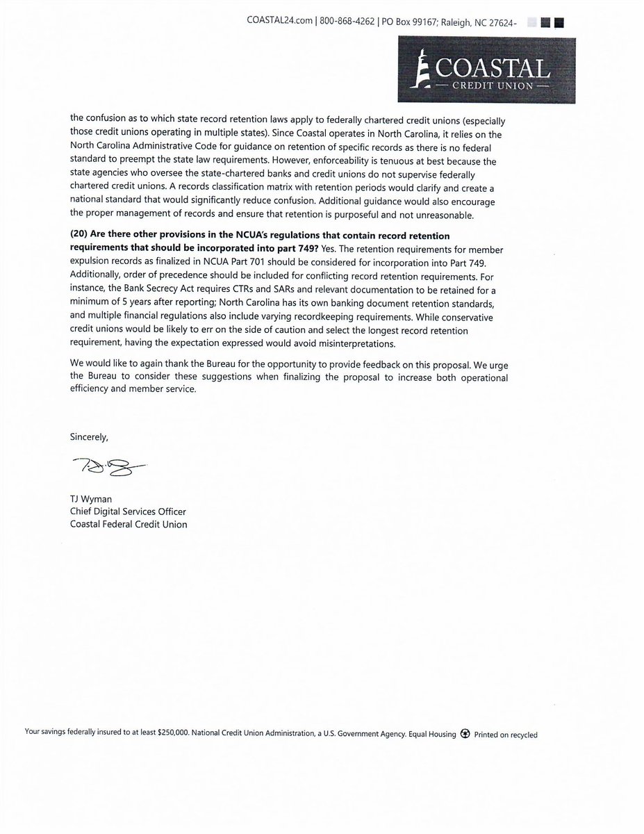 all4_sunlight's tweet photo. 1/3 Just noticed @CoastalFCU used "Coastal Credit Union," a trade name (not offical name) on letterhead in official comm with @TheNCUA, potentially against eCFR 12 CFR 740.2! Transparency &amp; adherence to #regulations are crucial. NCUA plz explain? #CreditUnion #Compliance https://t.co/nT2Vb2YWVv