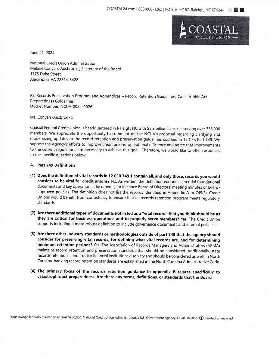all4_sunlight's tweet photo. 1/3 Just noticed @CoastalFCU used "Coastal Credit Union," a trade name (not offical name) on letterhead in official comm with @TheNCUA, potentially against eCFR 12 CFR 740.2! Transparency &amp; adherence to #regulations are crucial. NCUA plz explain? #CreditUnion #Compliance https://t.co/nT2Vb2YWVv