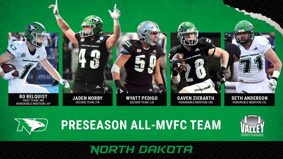 Congratulations to the 5⃣ Fighting Hawks named to the Preseason All-MVFC Teams! 

RELEASE: fightinghawks.com/news/2024/7/22…

#UNDproud | #LGH