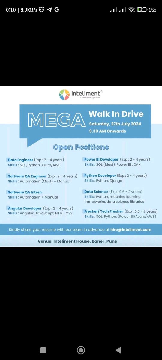JobGenie_'s tweet photo. Mega Walk-in Drive

Open Positions are Mentioned 

Organisation - Inteliment 

Date &amp; Time - 27th July 2024 , 9:30 am onwards

Location - Inteliment House,Baner,Pune

Share your resume in advance : hire@inteliment.com

Post link : https://t.co/DiwpOI8YIB

#PowerBI #Angular #QA https://t.co/9kCP6GpmkI