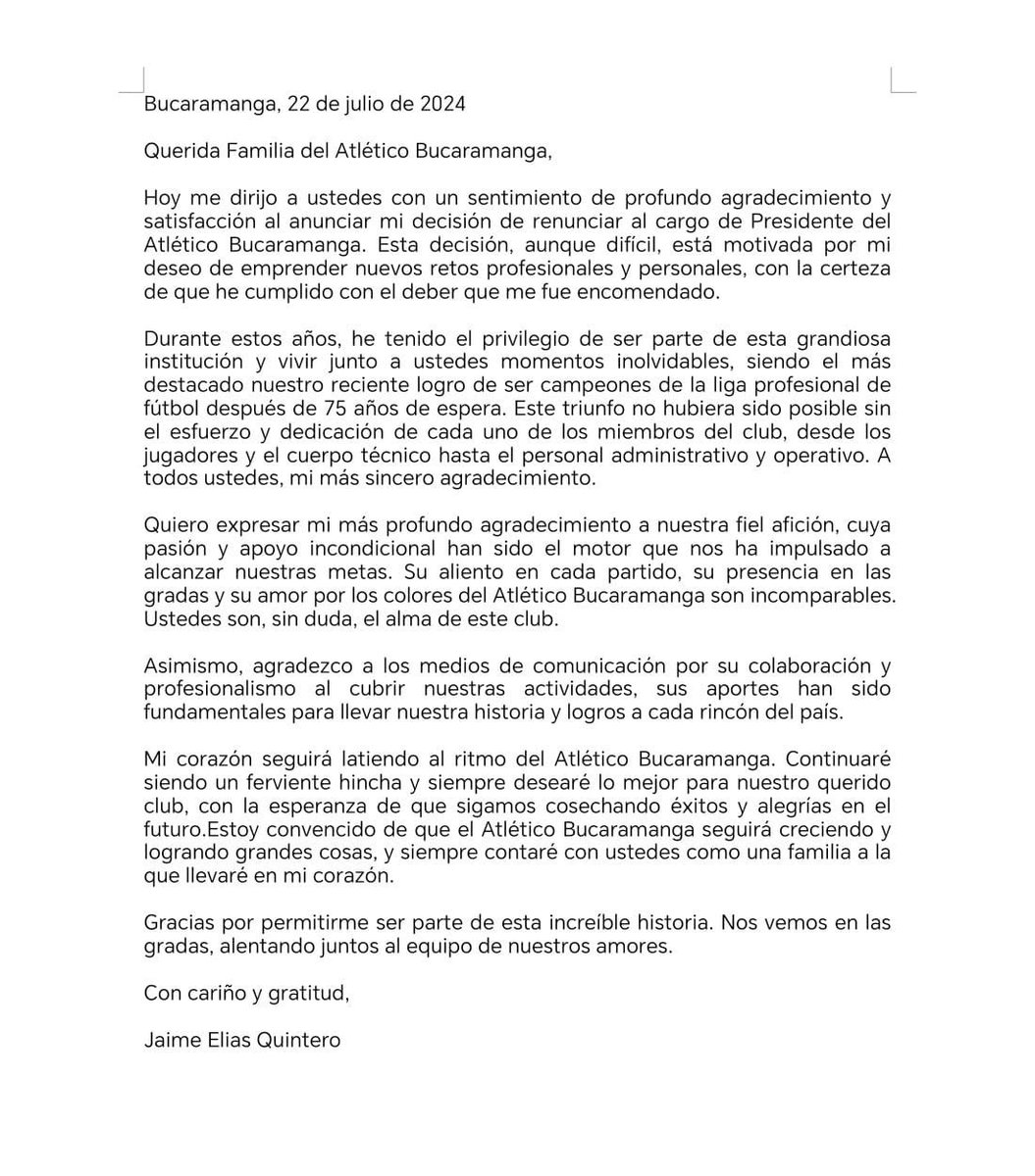 marulo001's tweet photo. #debuenafuente 
🚨 Atención 🚨

@JaimeEliasQuin3 presentó carta de renuncia a Oscar Álvarez 
🚧 Motivo: el DR. Jaime Elias entregó a cada jugador participante en las finales  un detalle por ser campeones con recursos del @ABucaramanga 

Abro hilo 🧵 https://t.co/EHc6tSVyZA
