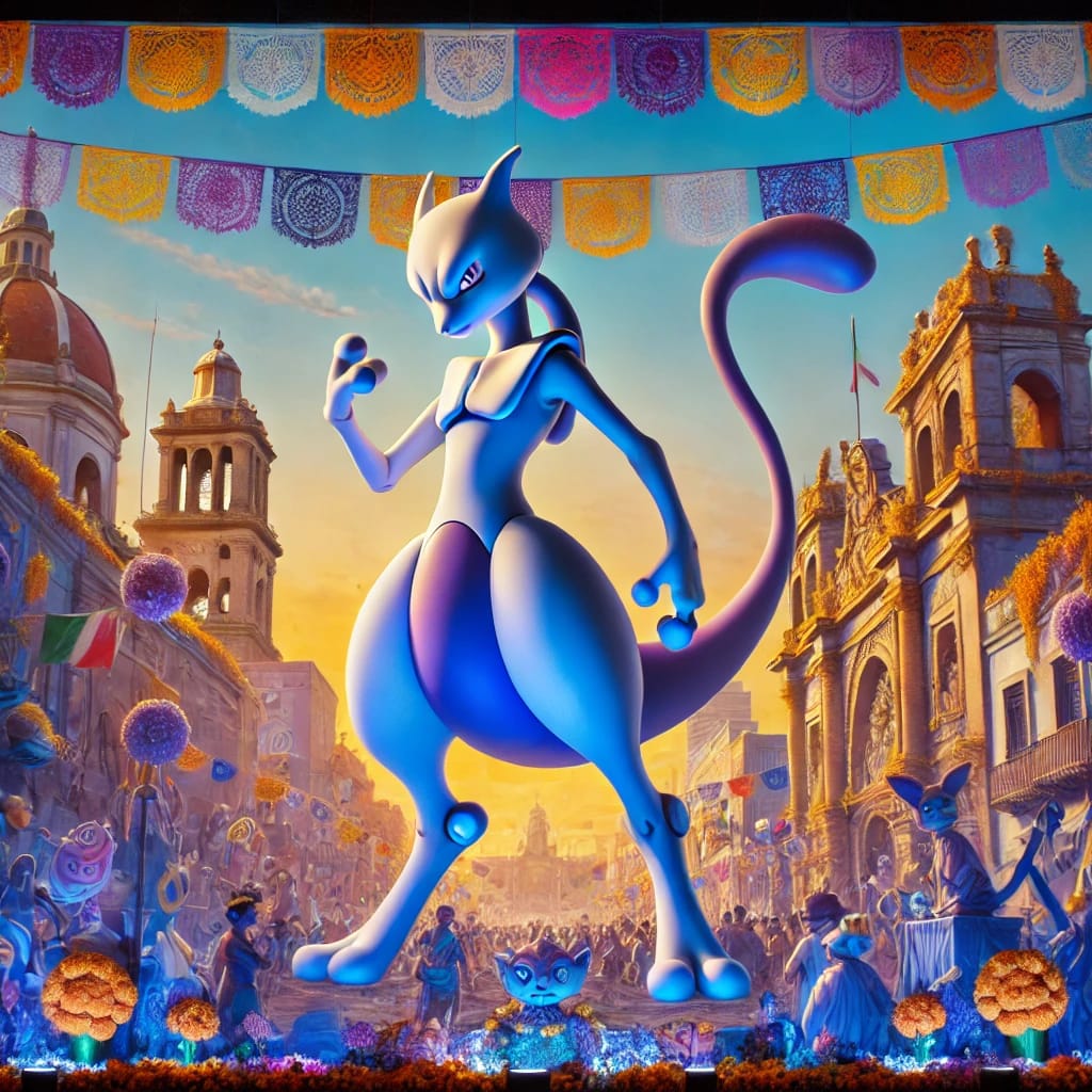 OmarChM10's tweet photo. Estaban probando una IA pidiéndole imágenes. Cuando tocó mi turno le dije: "Quiero un Mewtwo en tonos azulados, en Ciudad de México celebrando un Día de Muertos por favor". El resultado me encantó y se los comparto.
🤩📸💥🇲🇽

#Mewtwo 
#Pokemon https://t.co/3F7MSpeMvY