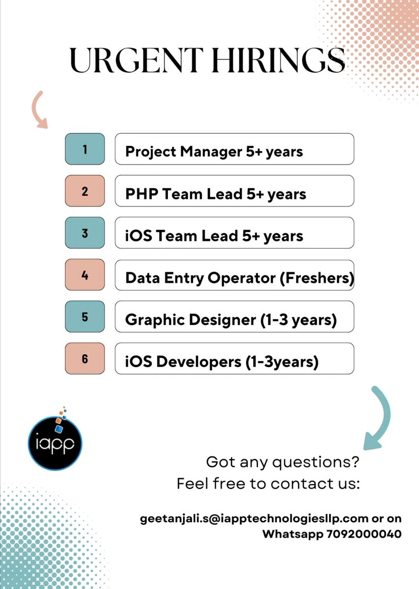 JobGenie_'s tweet photo. Roles :- 
Data Entry Operator(Fresher)
Graphic Designer(1-3 yrs)
iOS Developer(1-3 yrs)

Organization - iapp Technologies LLP

Location - Mohali

Send your Resume - geetanjali.s@iapptechnologiesllp.com

Post link - https://t.co/oAnjMYp8Wf

#dataentry #GraphicDesign #iosdeveloper https://t.co/adh1AouoMT