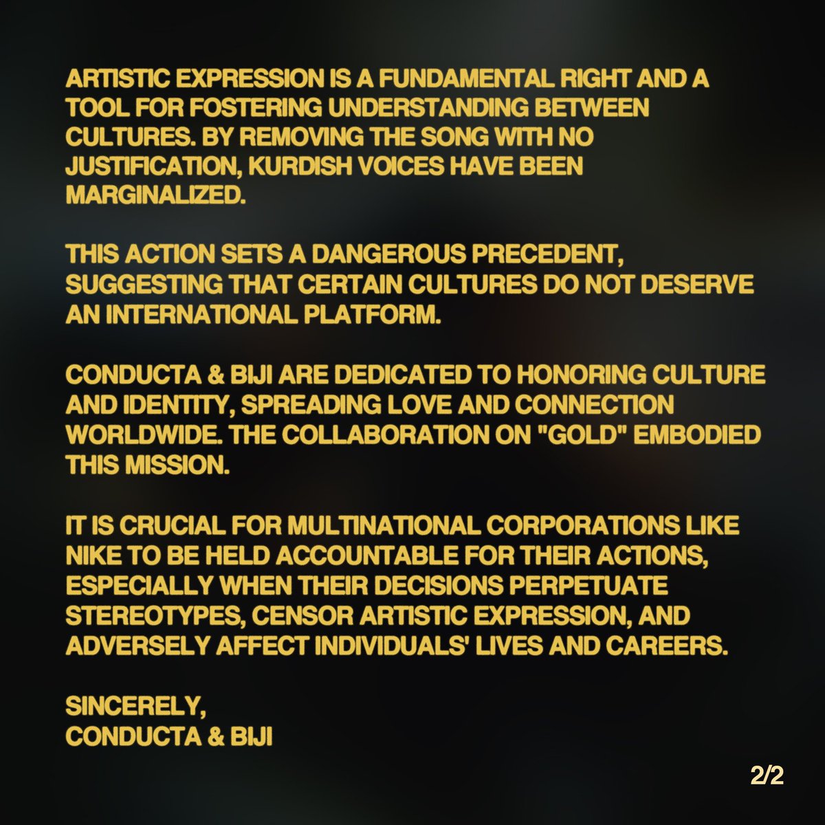 A joint statement from myself &amp; <a href="/biji_________/">BIJI</a> regarding our track Gold being removed from the Nike Air for Atheletes campaign

A big thank you to everyone who reached out and spread awareness during the situation 💛