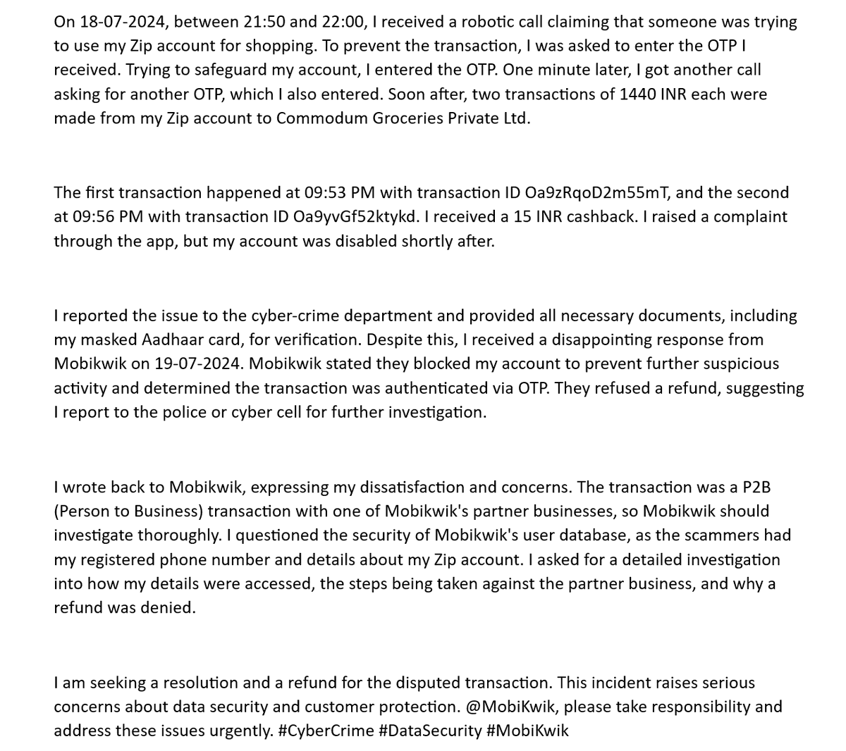 HaPpy_______2's tweet photo. @BipinSingh @UpasanaTaku @MobiKwikSWAT @RBI  It's alarming to see the Mobikwik Zip scam affecting so many customers. The same scenario and pattern repeatare you behind this?Or do you just think, "It's their money, their problem"? Remember, these are your consumers. #MobikwikScam https://t.co/a54A699llH