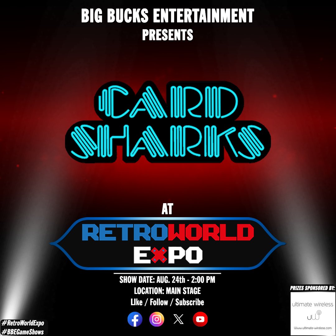BBEGameShows's tweet photo. @bbegameshows will present live game shows at @retroworldexpo on Aug. 24th &amp; 25th. As usual, we will select contestants from our LIVE panel audience to play and win various prizes. See you there!

Shout out to our prize sponsor, @ult_wireless_ent

#bbegameshows
#retroworldexpo https://t.co/d2uyLQYSgO