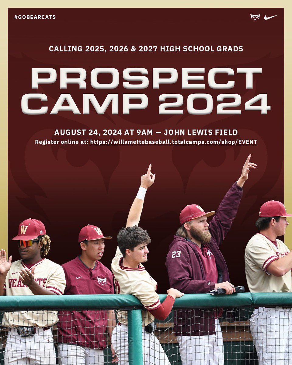 Our Prospect Camp is just over a month away! August 24th. A great opportunity to meet our coaching staff, show off your skills, and tour our beautiful campus. Don’t miss this opportunity! #BearcatFamily 

willamettebaseball.totalcamps.com/shop/EVENT
