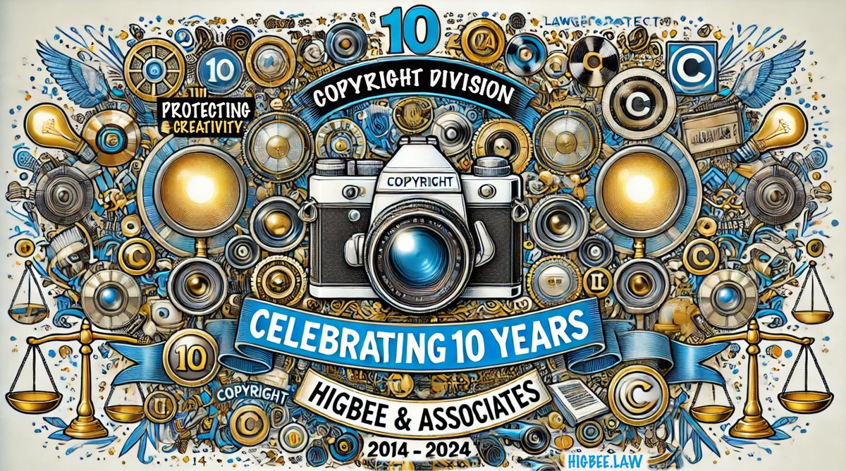 HigbeeLawFirm's tweet photo. Congratulations to our Copyright Division on 10 Years of Excellence.  Thank you to all of our clients.  https://t.co/HaCvr5FFBI #Copyright #ProtectingCreativity https://t.co/lY7gtnVa5a