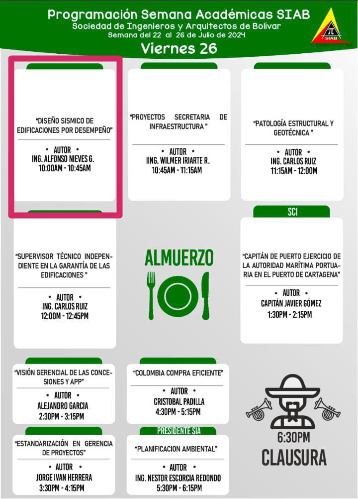 Cordialmente Invitados a la conferencia DISEÑO SISMICO DE EDIFICACIONES POR DESEMPEÑO que estaré dictando en la sede de la Sociedad de Ingenieros y Arquitectos de Bolívar este VIERNES 26 de Julio a partir de las 10 am. ENTRADA LIBRE.  <a href="/SIABOL/">SIAB</a>