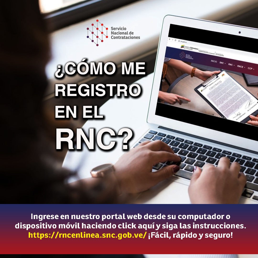 #22julio 
Registra o actualiza tu empresa en el Registro Naciones de Contratistas de una manera muy sencilla, a través del portal web:
 //rncenlinea.snc.gob.ve/ y sigue las instrucciones. 

Es fácil y seguro.
