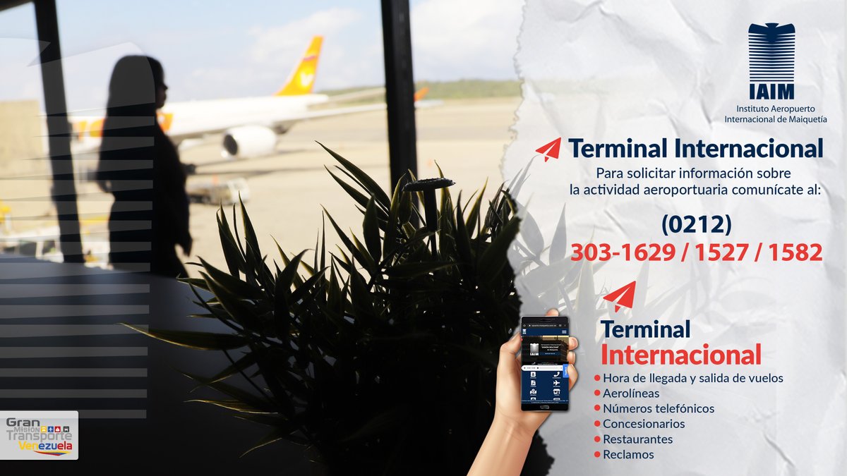 #AsistenciaIAIM📞 || Para solicitar información sobre la actividad aeroportuaria en el Terminal Internacional del Aeropuerto de Maiquetía, comunícate al (0212) 303-1629 / 1527/ 1582
¡Estamos para servirle!