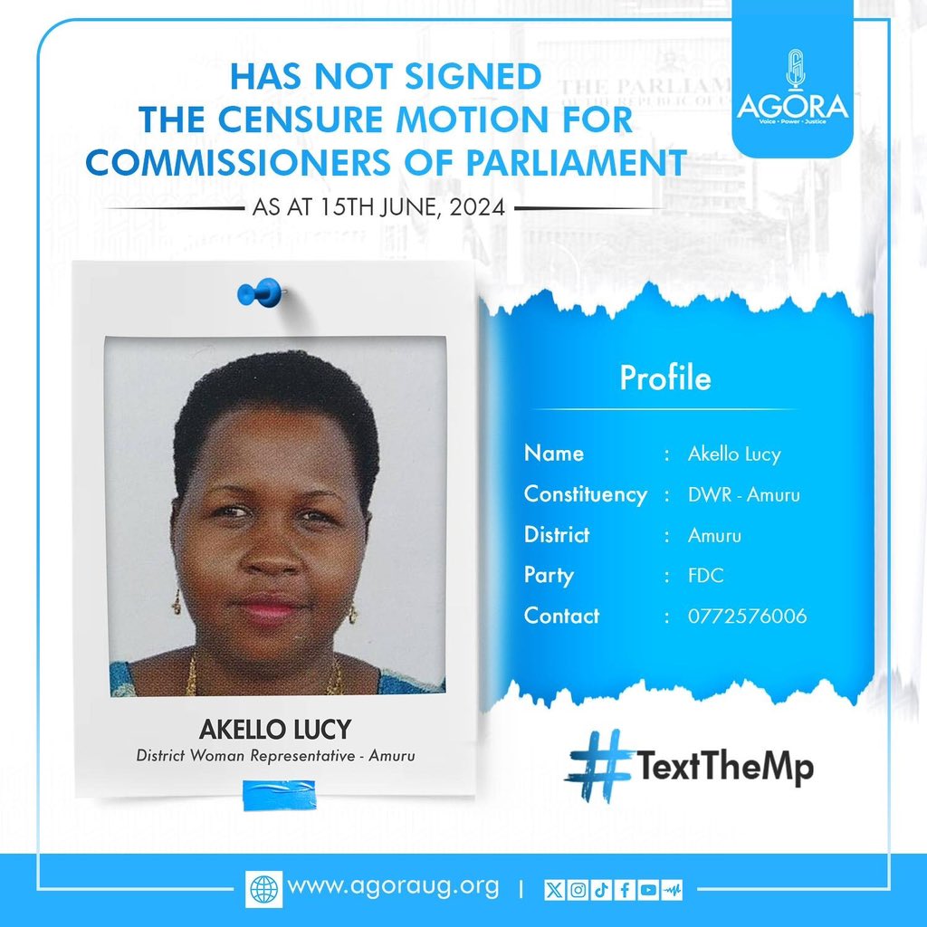 AgoraCFR's tweet photo. Text the Mp for Amuru and ask her why she has not signed the Censure motion against the Parliamentary Commissioners who partook in 1.7 billion Service Award Cash Bonanza #TextTheMP. https://t.co/VkSEMz10aw