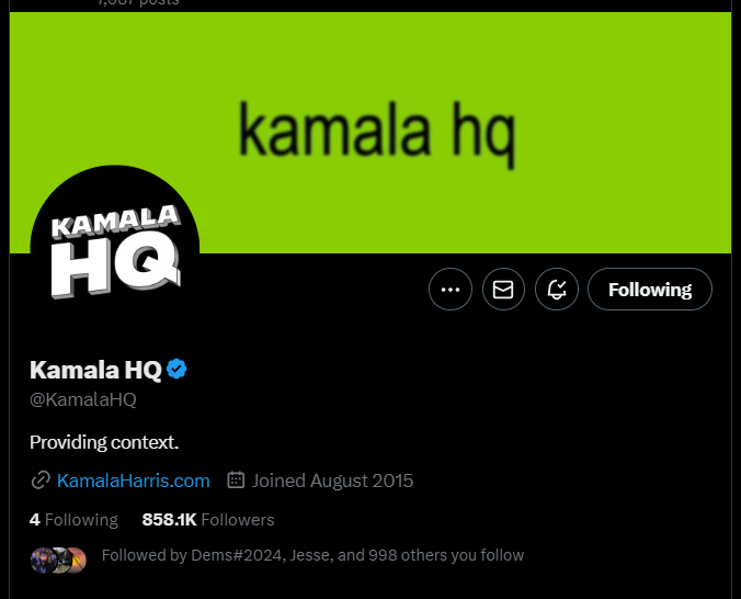 Andie00471's tweet photo. Can we get the Harris HQ account over a million followers today? @KamalaHQ https://t.co/Kz0F1VQofU