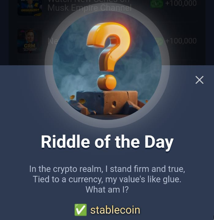 CryptoXCH's tweet photo. MUSK EMPIRE QUESTS🏦Jul 22

✅Riddle of the day: stablecoin
✅Invest in Funds: 
   - Artificial Intelligence 
   - Electricle Vehicle Manufacturers
   - OnlyFans Models

🤑Let's get rich together: https://t.co/RJOYB7oGCI… #MuskEmpire #MuskEmpireCommunity #Telegram #dApps https://t.co/3A7JE69VjQ