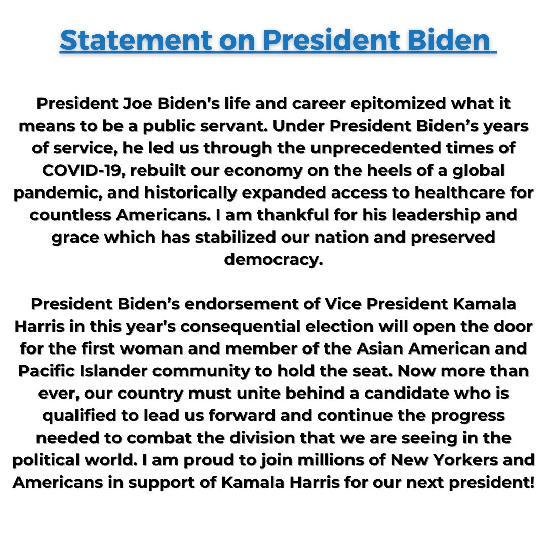 Linda Lee for NYC (@lindaleefornyc) on Twitter photo See my statement below on President Biden. Now more than ever, we must unite behind a candidate who is qualified to lead us forward and continue the progress needed to end the division in our political world. Proud to support <a href="/KamalaHarris/">Kamala Harris</a>! See my statement below on President Biden. Now more than ever, we must unite behind a candidate who is qualified to lead us forward and continue the progress needed to end the division in our political world. Proud to support <a href="/KamalaHarris/">Kamala Harris</a>!